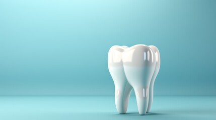 Tooth model isolated on blue background with copy space. 3d illustration. Dental concept with copy space