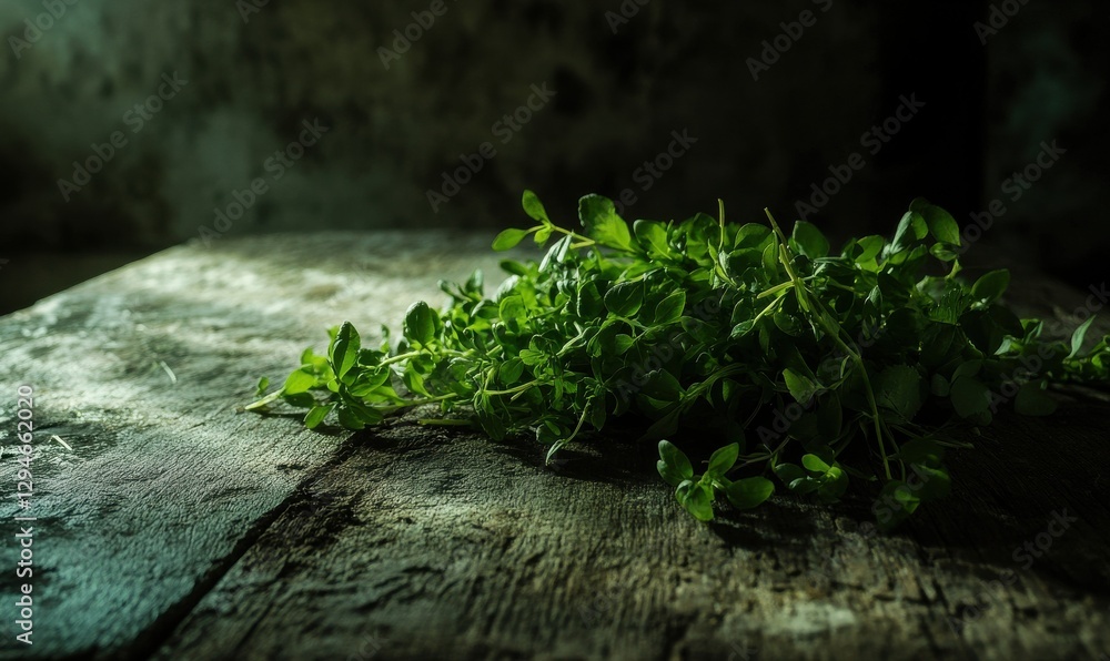 Poster freshly picked herbs resting on a rustic wooden table illuminated by diffused natural light, evoking