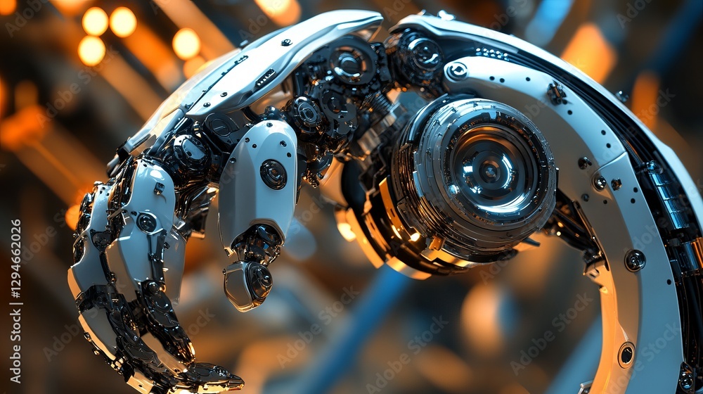 Poster futuristic robotic arm detailed mechanical design advanced technology white metal chrome industrial 