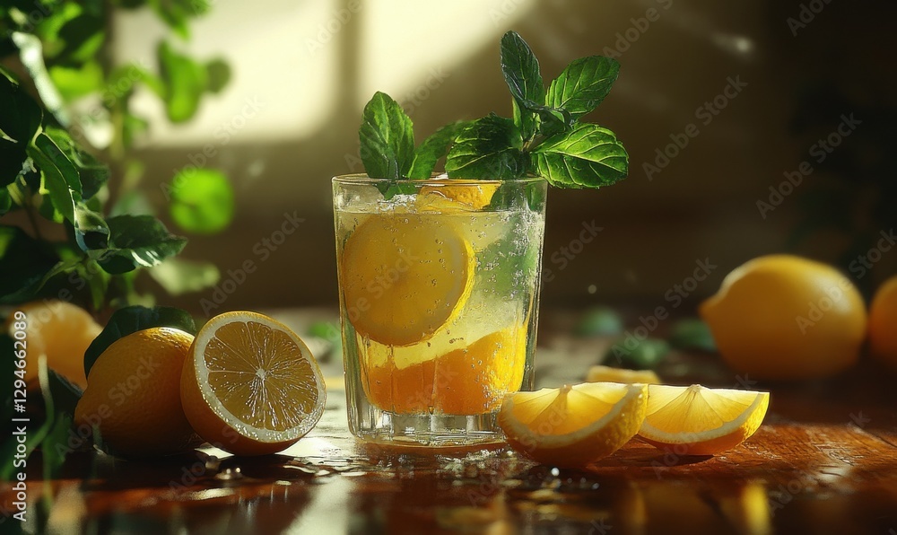 Poster freshly squeezed lemon juice in a glass with slices of lemon and mint, placed on a rustic wooden tab