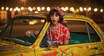 A stunning lady in a red floral dress and pearls sits in a golden vintage convertible. Her gaze is filled with wonder, evoking the mystery and glamour of 1950s Hollywood cinema.