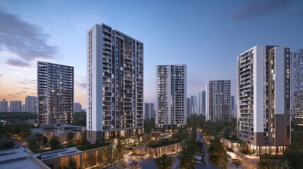 Obraz premium The transition from day to night in a modern metropolis, featuring high-rise residential buildings with twinkling lights.