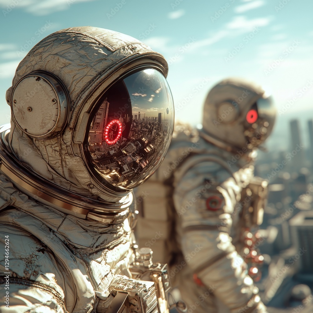 Poster the science fiction scene shadow of the cyclops features an astronaut protected by a giant robot cyc