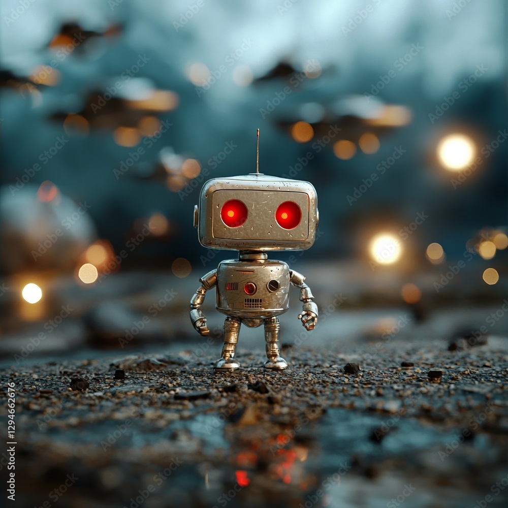 Poster a science fiction scene is depicted in a 3d illustration titled 'dawn of the machines', featuring a 
