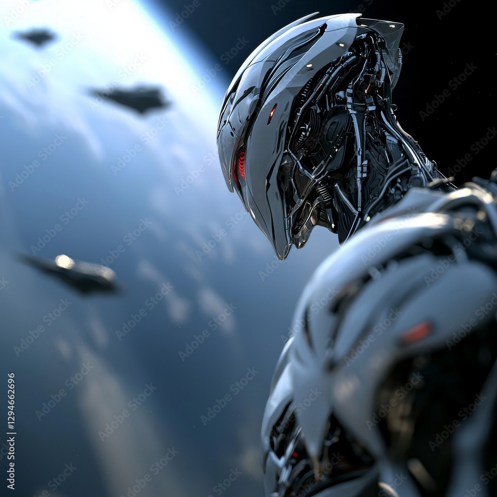 Poster the 3d illustration 'dawn of the machines' showcases a futuristic science fiction scene where a larg