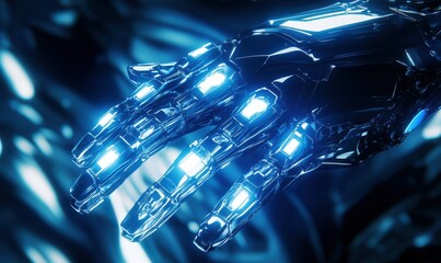 Futuristic robotic hand glowing with a metallic blue sheen under bright studio light, showcasing technological innovation and precision