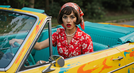 A stunning lady in a red floral dress and pearls sits in a golden vintage convertible. Her gaze is filled with wonder, evoking the mystery and glamour of 1950s Hollywood cinema.