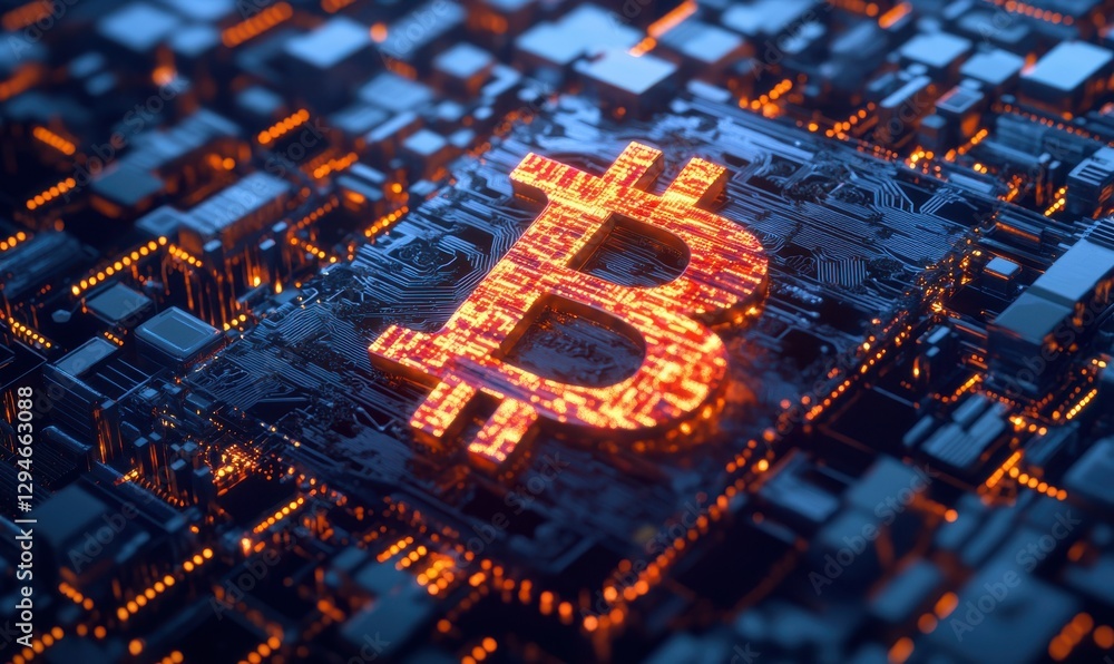 Poster glowing bitcoin symbol floating amidst digital neon circuits, symbolizing cryptocurrency innovation 