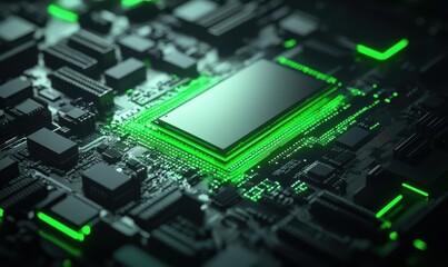 Fototapeta premium Glowing circuit board rendered in vivid green tones against a dark background, symbolizing modern technology and innovation