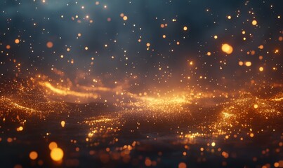 Fototapeta premium Golden sparks floating in a dark background, illuminated by subtle gradients of light, creating a festive and magical effect