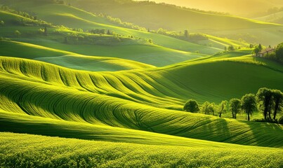 Obraz premium Golden sunlight reflecting on a meadow with vibrant green grass, creating a tranquil and idyllic countryside atmosphere