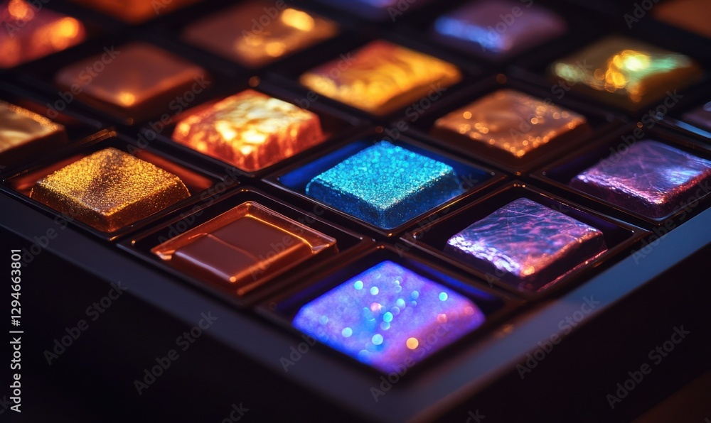 Aufkleber gourmet box of assorted chocolates with vibrant wrappers, arranged neatly and softly illuminated to 