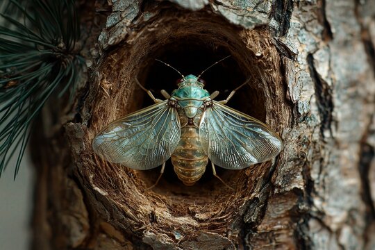 A dog-day cicada is newly emerging from its old exoskeleton during a molt