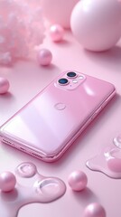 Soft Pink Smartphone with Abstract Background and Decorative Elements