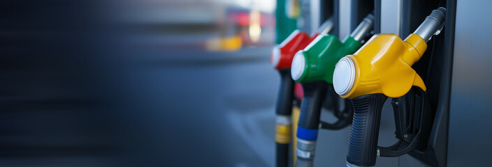 Fototapeta premium Different colored gasoline nozzles indicating various octane levels at a fuel station.
