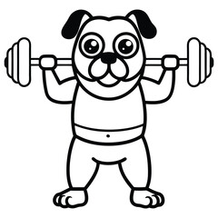 pug holding a barbell cartoon cute line art vector white background