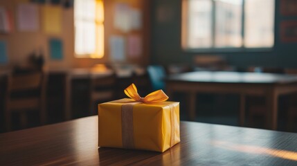 A yellow gift box placed on a teacher's desk. Yellow gift box in a classroom in a Teacher's Day concept.