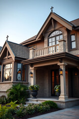 Fototapeta premium Luxury Home Exterior: Captivating Brick and Stone Architecture at Dusk