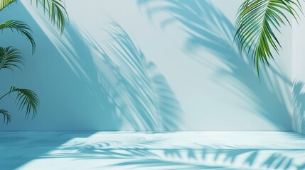 minimalist concept with palm leaves casting shadows on a blue wall and pastel floor, creating a summer tropical beach background in an empty room ideal for product placement