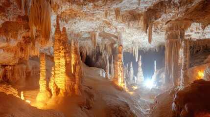 Illuminated Cave Interior with Stalagmites and Stalactites