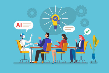 Businesspeople and robot discussing new ideas with artificial intelligence