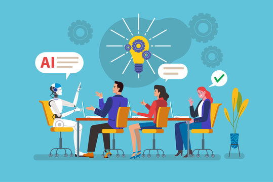 Businesspeople and robot discussing new ideas with artificial intelligence