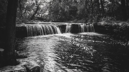 Monochrome Waterfall in a Forest