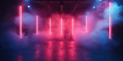 Vibrant neon lights illuminate a fog-filled space, creating an energetic atmosphere perfect for a lively event