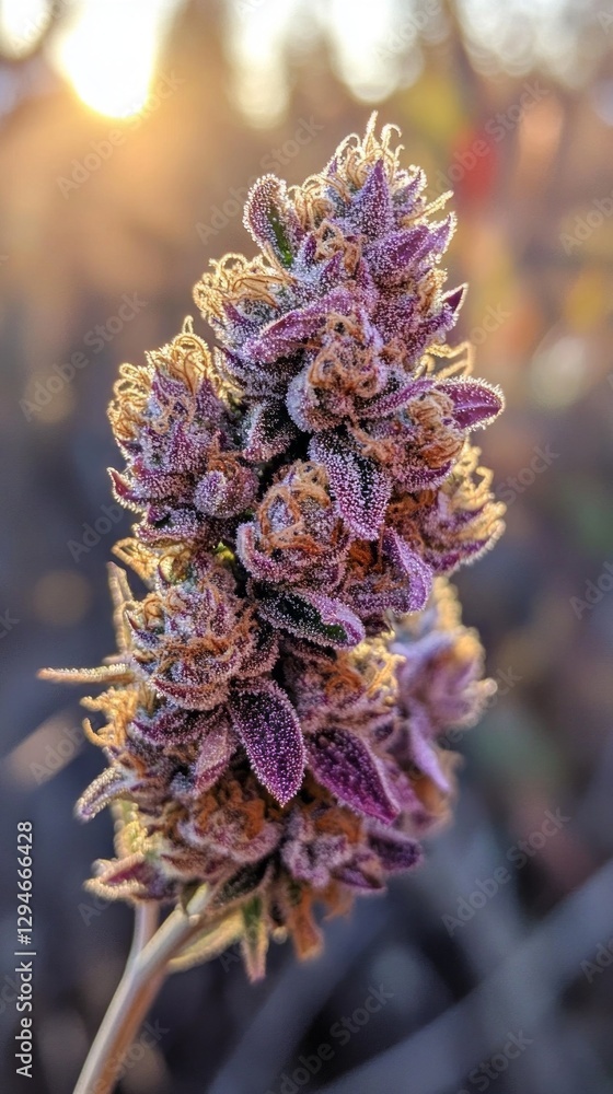 Poster delicate clusters of purple blooms capture the soft glow of the setting sun, creating a serene contr