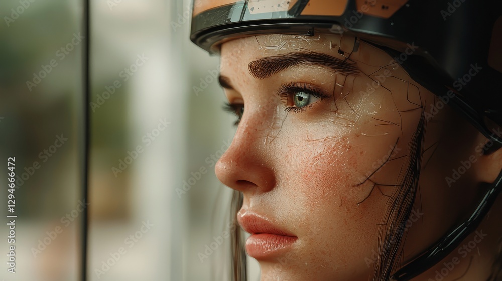 Poster the image of a woman cyborg is created in a futuristic painting style using stock and sci-fi element