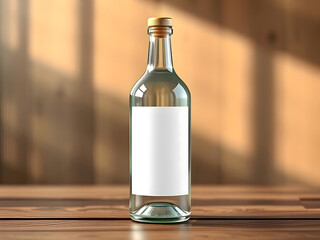 Clear Glass Bottle with Blank White Label on Wooden Table