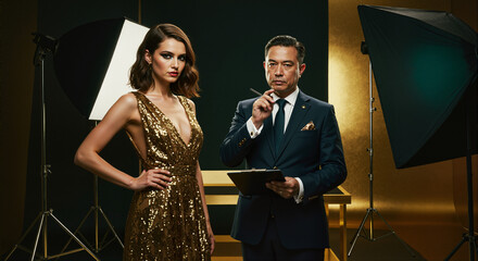 A poised woman in a shimmering gold dress stands confidently before a sharp-eyed director in a luxury photoshoot. The air is charged with ambition, authority, and artistic precision.