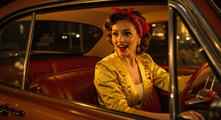 Vintage-inspired portrait of a joyful woman in a colorful cardigan and red bandana, sitting in a classic red car, embodying retro 50s fashion and a fun, energetic attitude.