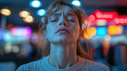 Woman with Serene Expression Under Neon Lights at Night 