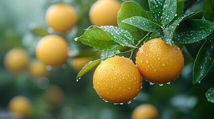 Orange citrus fruits with green leaves are covered by raindrops