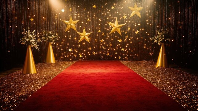 Red carpet event with gold star decor and glittery gold stage setting for Hollywood premiere or awards ceremony