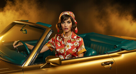 A stunning lady in a red floral dress and pearls sits in a golden vintage convertible. Her gaze is filled with wonder, evoking the mystery and glamour of 1950s Hollywood cinema.