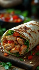 Delicious chicken wrap with fresh vegetables served on a wooden board