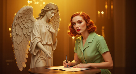 Graceful woman in vintage attire signs a glowing contract with a radiant angel in a warm, ethereal setting. Concept of divine guidance, faith, destiny, and moral choices in life.