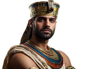 Strong man in ancient Egyptian Pharaoh attire with regal expression isolated on transparent png background