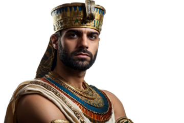 Strong man in ancient Egyptian Pharaoh attire with regal expression isolated on transparent png background