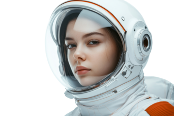 Young woman astronaut in space suit with helmet close-up isolated on transparent png background
