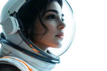Female astronaut in space suit looking out through helmet visor isolated on transparent png background