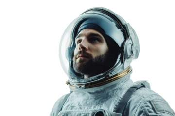 Male astronaut in space suit with clear helmet isolated on transparent png background