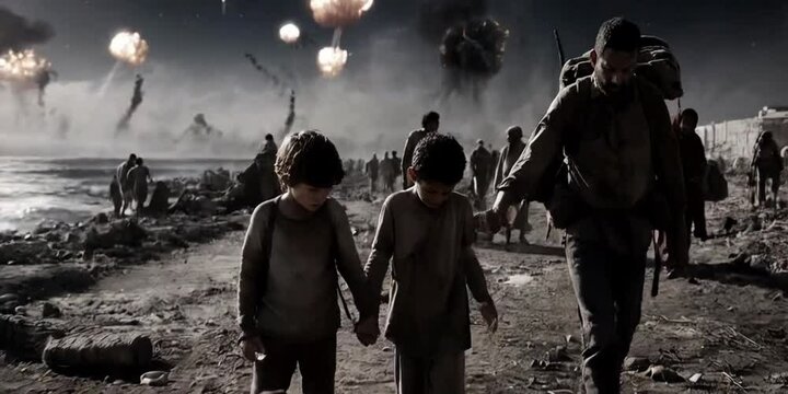 Silhouettes of people, children, men, women waling through a destroyed village or city by bombing during war beside a river Generative AI