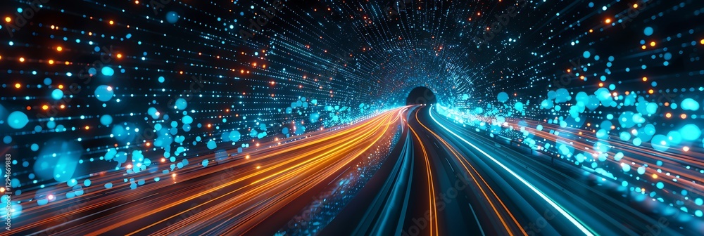 Poster abstract data tunnel with glowing light streams. fast data transfer, technology, digital network, co