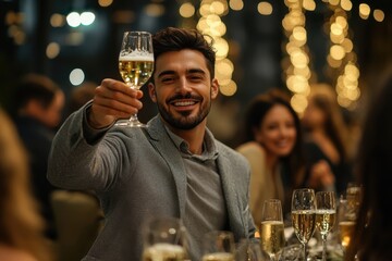 Celebrating joyfully with friends during a festive evening gathering in a beautifully lit venue