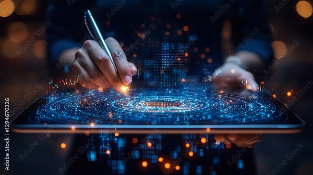 Poster futuristic interface interaction with stylus, a person using a stylus on a digital tablet with a fut