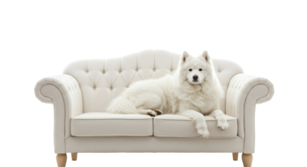 white dog sitting on white sofa cutout