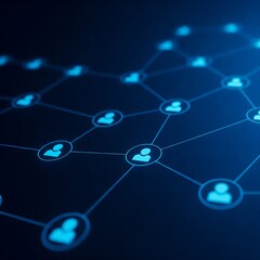 A dark blue background with interconnected user icons linked by glowing lines, representing digital networks and cybersecurity. Ideal for IAM presentations, tech branding, and UI/UX design.